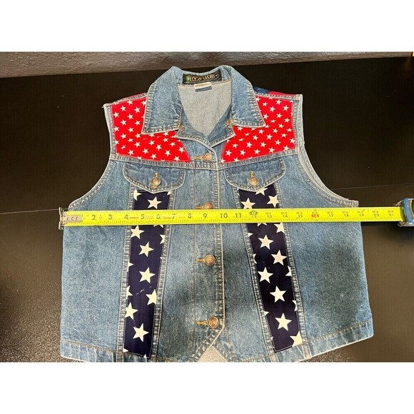 VTG Womens Denim Vest 90s Y2K American Flag Stars Stripes Size MEDIUM Logo Club - Picture 2 of 5